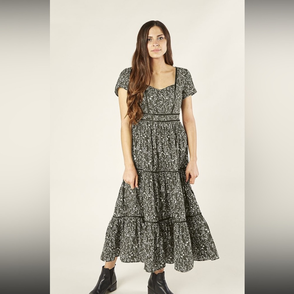 Rylee + Cru Dark Green Forest Floral Midi Dress